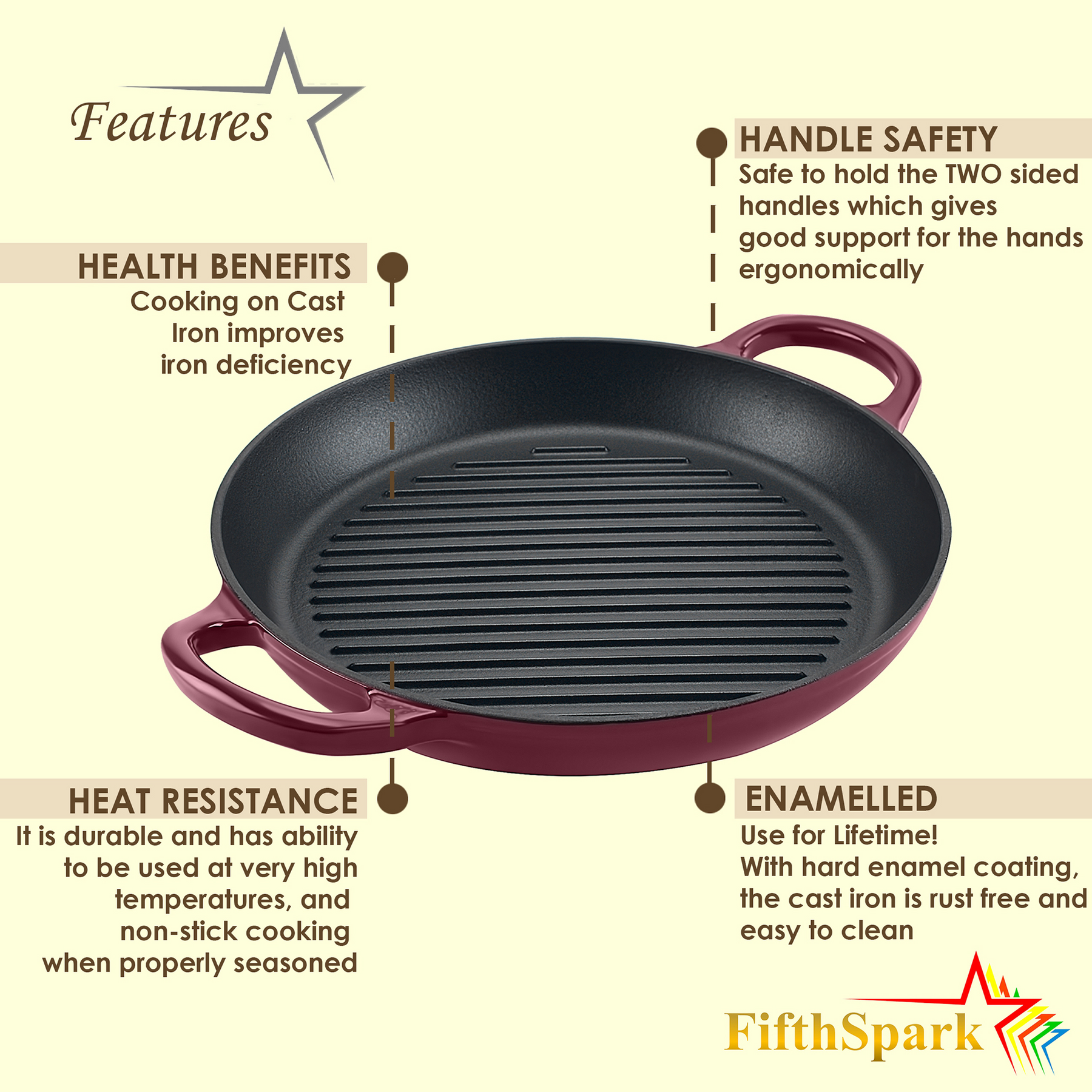 FifthSpark, Enameled Cast Iron Griddle Pan with thick surface - 32cm