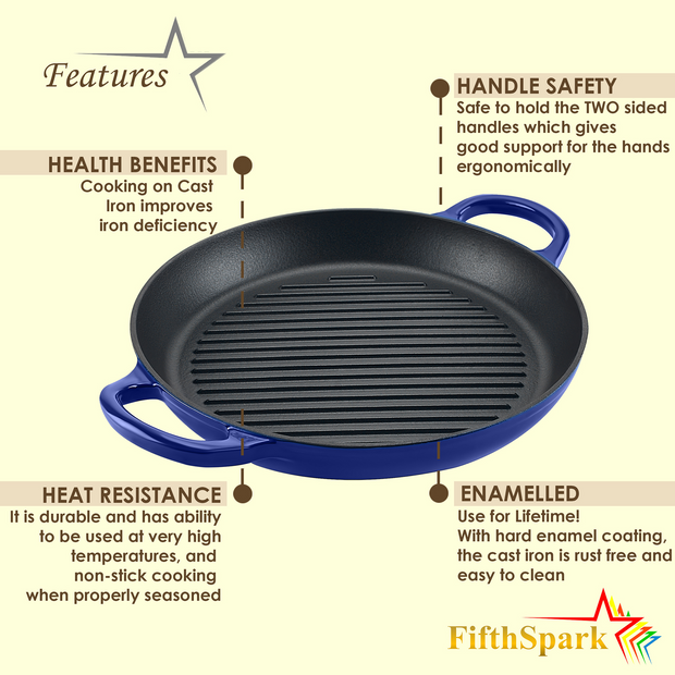 FifthSpark, Enameled Cast Iron Griddle Pan with thick surface - 32cm